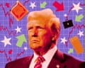 Collage of Donald Trump surrounded by financial charts, arrows, a fuel can, a briefcase and a shipping container