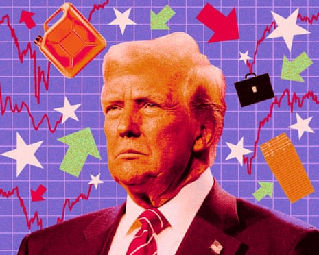 Collage of Donald Trump surrounded by financial charts, arrows, a fuel can, a briefcase and a shipping container