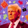 Collage of Donald Trump surrounded by financial charts, arrows, a fuel can, a briefcase and a shipping container