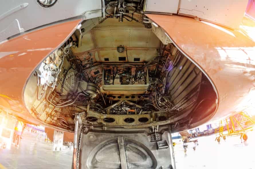 The landing gear compartment of a passenger plane.