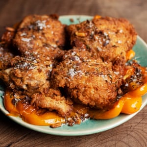 Crispy-fried kefir chicken with rosemary and garlic.