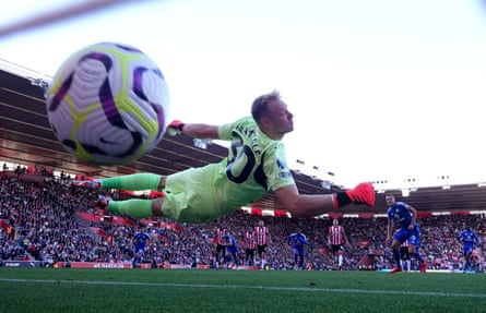 Leicester’s Jamie Vardy scores their second goal from the penalty spot against Southampton at St Mary’s