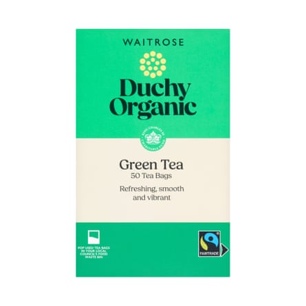 A green and cream box of Waitrose Duchy Organic Green Tea with a Fairtrade logo