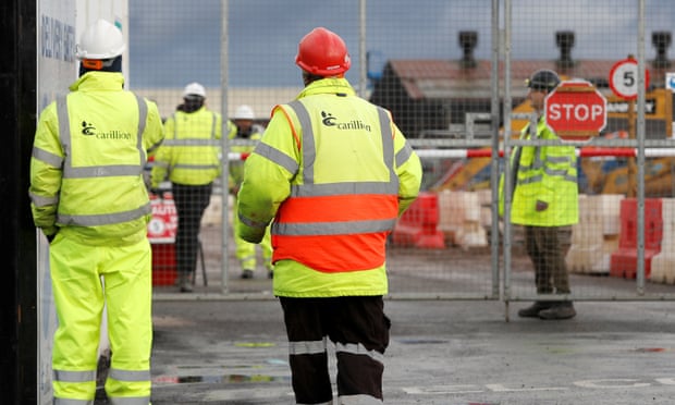 Workers locked out of Carillion’s Midland Metropolitan hospital construction site. Photograph: Darren Staples/Reuters Workers locked out of Carillion’s Midland Metropolitan hospital construction site. Photograph: Darren Staples/Reuters