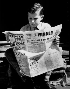 Twelve-year-old Lester Piggott pictured in 1948 at his father’s stables in Lambourn, Berkshire, reading ‘The Winner’. Piggott began racing horses from his father’s stable when he was 10 years old and won his first race in August 1948 on a horse called The Chase in the Wigan Lane Selling Handicap at Haydock Park
