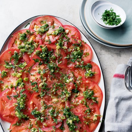 Beef tomato carpaccio with spring onion and ginger salsa