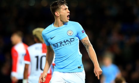 John Stones of Manchester City celebrates scoring his second, and City’s fourth goal .