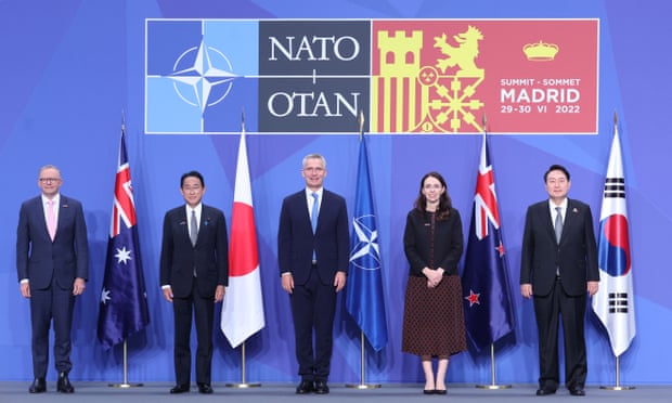 Jacinda Ardern (second right) at the Nato summit along with (from left) Australia's Anthony Albanese,  Japan Fumio Kishida,  Nato’s Jens Stoltenberg and South Korea's president Yoon Suk-yeol.