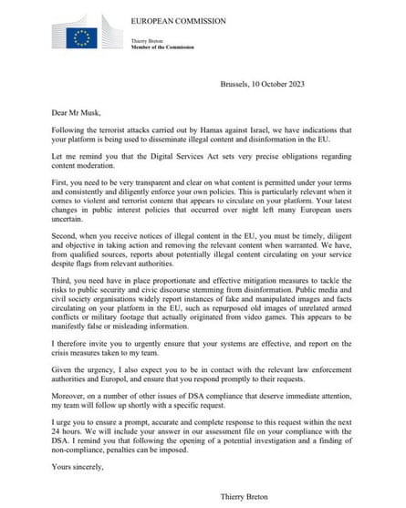 Letter from Thierry Breton to Elon Musk.