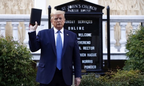 Trump holds a Bible outside St John’s. Moments before, peaceful protesters had been forcefully cleared from the president’s path.