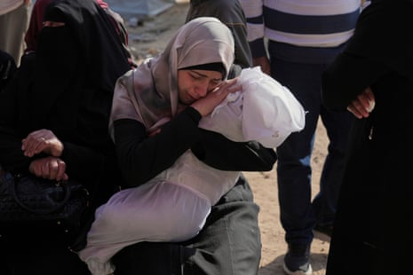 Heba Shakura mourns her son Islam Abu Mahdi, who was killed by an Israeli army airstrike, during his funeral at the Indonesian hospital in the northern Gaza Strip. The picture was taken on 28 April 2025.