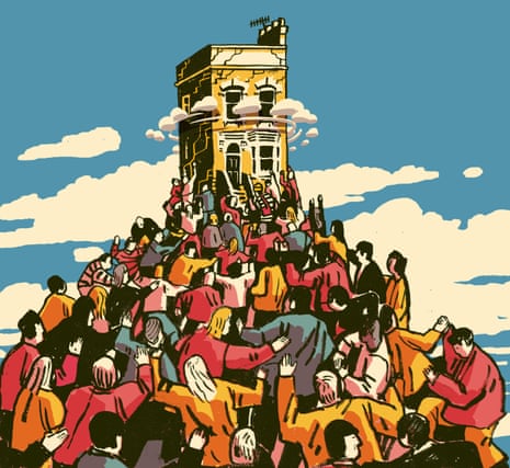 Illustration of a mob scrambling up to occupy a single London-style terraced house on top of a hill
