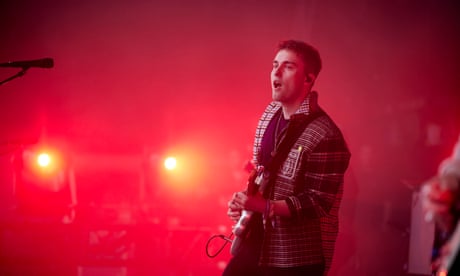 Sam Fender on the Pyramid stage at Glastonbury Festival 2022.