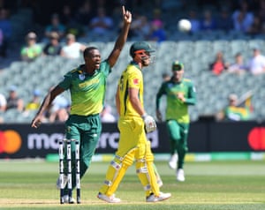 Kagiso Rabada of South Africa celebrates the dismissal of Chris Lynn of Australia during the second One-Day International (ODI) match between Australia and South Africa at Adelaide Oval.