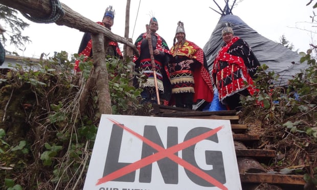 Indigenous leaders gather on Lelu island where the Lax Kw’alaams First Nation has set up camp to protest the construction of the Petronas LNG terminal.