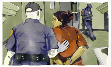 illustration of guard escorting woman in prison with hand on her back