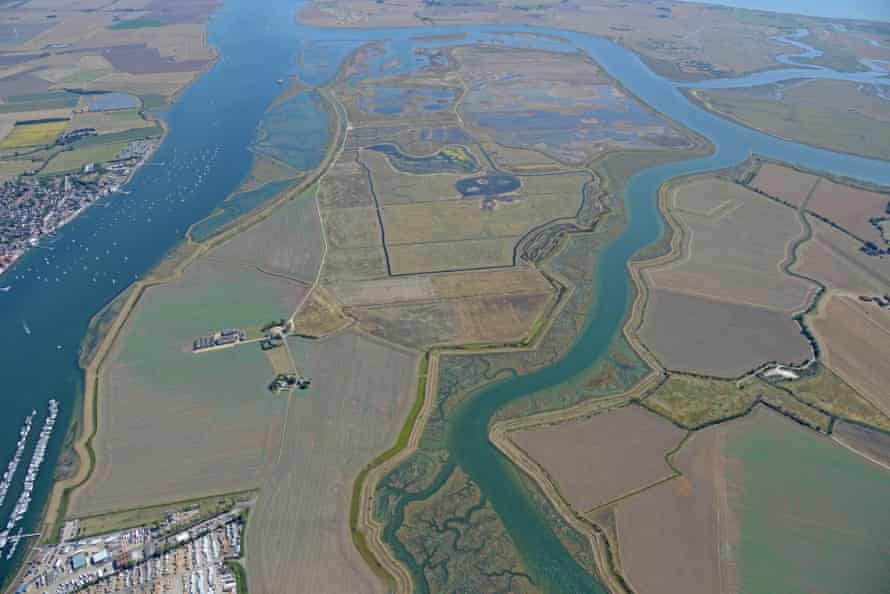 Aerial image of RSPB Wallasea Island Nature Reserve at high tide