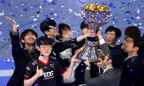 Members of Chinese esports organisation EDward Gaming celebrate after winning the League of Legends World Championship finals in Iceland last month.