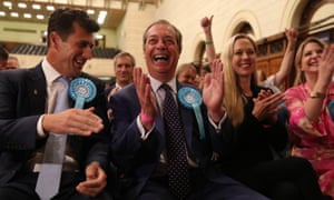 Brexit party leader Nigel Farage (centre) celebrates being elected to the European parliament.