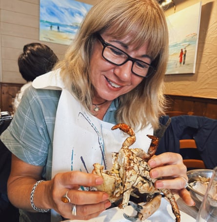 Mary Novakovich eating crab at La Marie Galante, Audresselles.