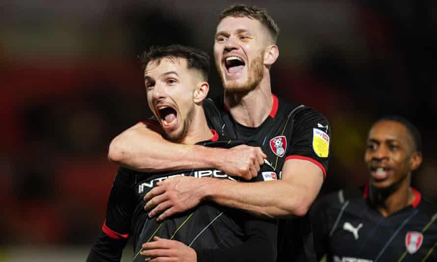 Rotherham’s Paul Warne: ‘At times I think, what am I doing this for?’ | Rotherham 2 Daniel Barlaser celebrates after putting Rotherham 4-0 up at Doncaster this month