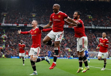 Martial celebrates with Fernandes and McTominay.