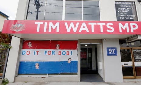 The ‘Do it for Bob’ sign on the front window of the offices of federal MP Tim Watts, referencing injured Bulldogs captain Bob Murphy