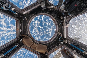 Cupola with Clouds and Ocean International Space Station – ISS Low Earth Orbit, Space, 2017 Stunning pattern of clouds and light over the ocean. The organic shapes of the clouds contrast with the geometric lines and shapes of the Cupola’s interior. 