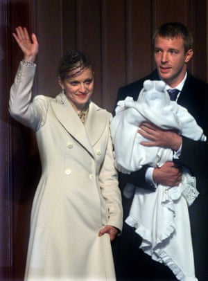 2000: Madonna and Guy Ritchie with their four-month-old baby son Rocco who was christened at Dornoch Cathedral, the day before his parents wedding at Skibo Castle