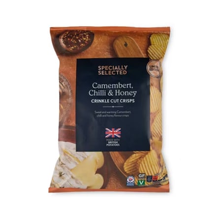 Aldi camembert, chilli & honey crinkle crisps packet