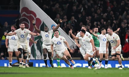 England celebrate beating Ireland at Twickenham in March