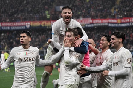 Rasmus Højlund (front in centre) takes the acclaim of his Napoli teammates