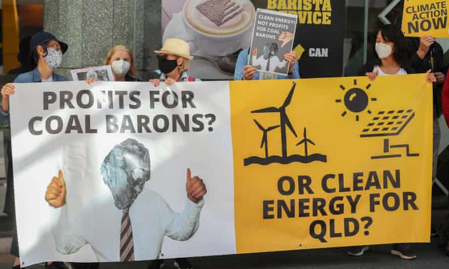 Protesters rally outside Clive Palmer’s Waratah Coal headquarters in Brisbane to oppose the coal-fired Galilee power station, September 2021