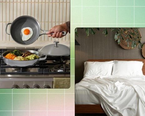 A frying pan from Our Place; Nest sateen bedding