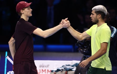 Jannik Sinner (left) and Carlos Alcaraz shake hands after the final.