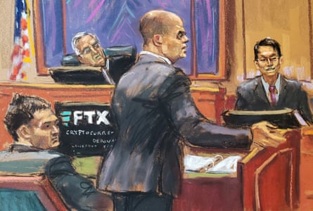 An artist’s sketch of the courtroom on Friday.