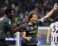 Nicolò Barella (right) celebrates with Marcus Thuram after scoring Inter’s second goal against Udinese