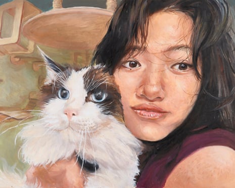 painting of a young girl cuddling a cat