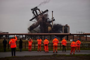 Redcar, England. The Redcar blast furnace, casting houses, the dust catcher and charge conveyors at the former steelworks site, which have dominated the skyline since the 1970s, are brought down by controlled explosion