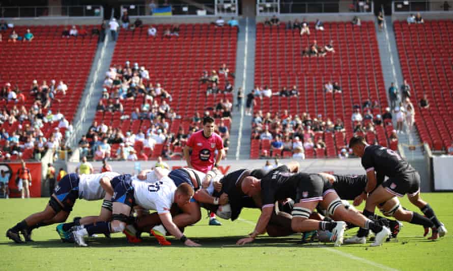 The LA Giltinis, in black, contest a scrum with New York at the LA Coliseum in April.