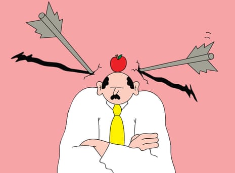 An illustration of a man at a desk with an apple on his head and arrows shot at him