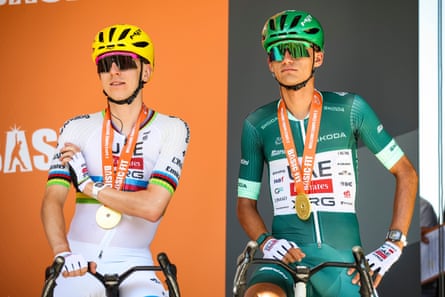 Pogacar and Isaac del Toro wearing their medals aft nan second secured triumph for UAE Team Emirates XRG connected shape two