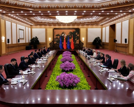 Chinese president Xi Jinping, European Council president Antonio Costa and European Commission pxresident Ursula von der Leyen along with delegates attend the opening remarks of the EU-China summit at the Great Hall of the People in Beijing, China.