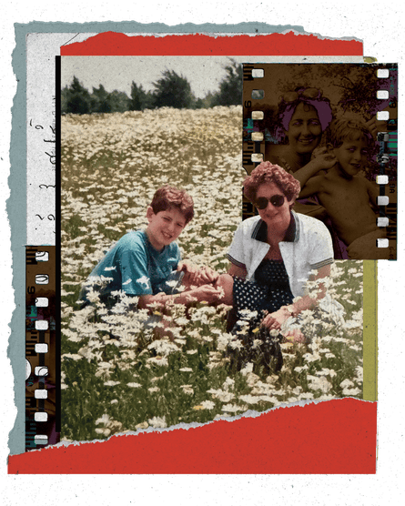 a photo collage featuring an adult and a child in a field