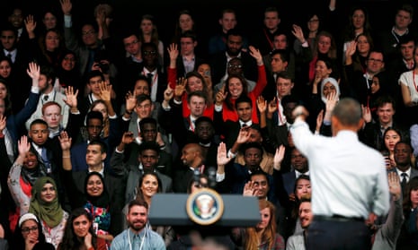 Obama addressing students at his 
town hall meeting in London
