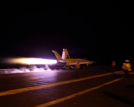 A US fighter jet launches amid the ongoing war on Iran, a day after joint US-Saudi strikes on Iraq