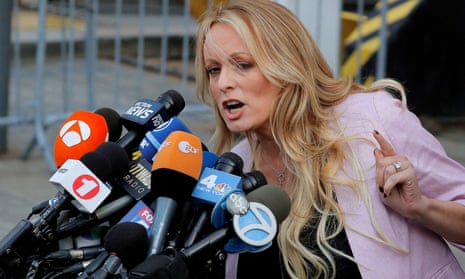 Stormy Daniels speaks as she departs federal court in the Manhattan borough of New York City in April 2018.