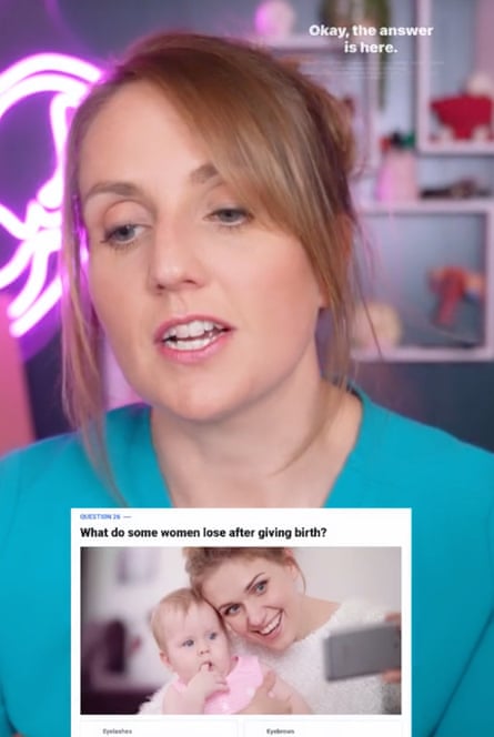 in tiktok screen shot, woman speaks behind image that says ‘what do women lose after giving birth?’