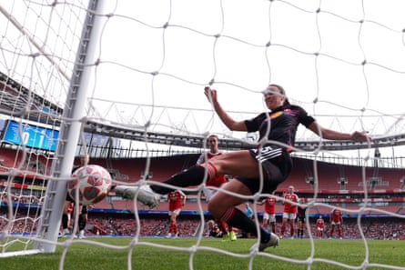 Ingrid Engen of OL Lyonnes fails to stop a own goal by Christiane Endler during the UEFA Women’s Champions League semi-final first leg at Arsenal.