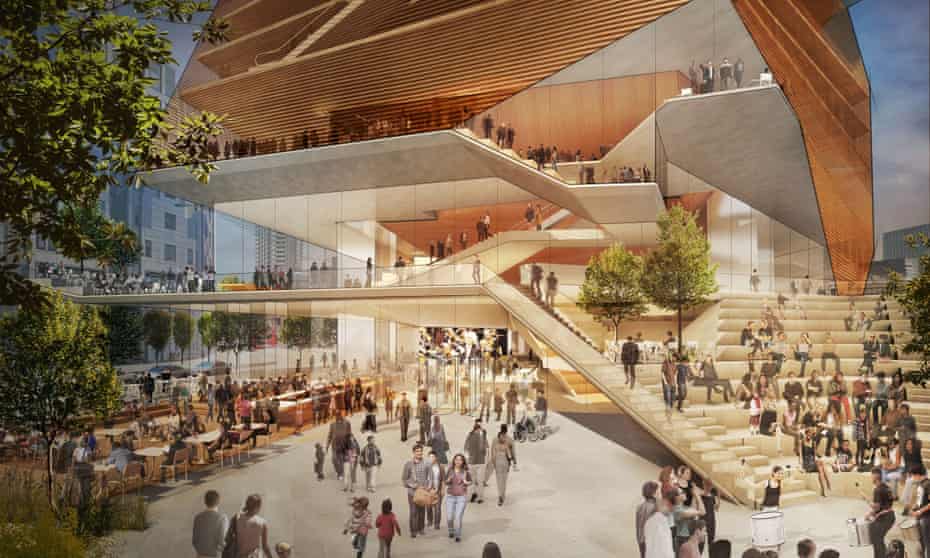 The pedestrian plaza and foyer shown in the concert hall design.
